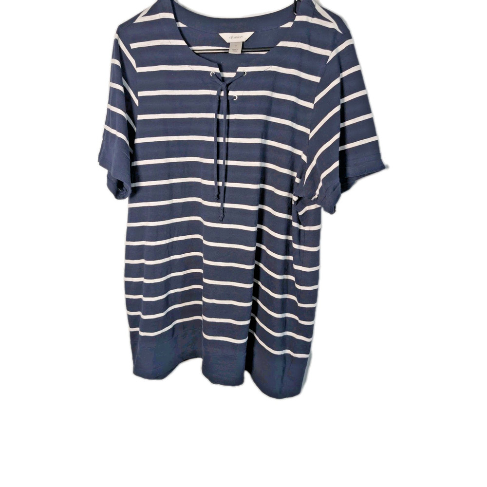Christopher & Banks NAUTICAL NAVY BLUE WHITE STRIPED LACE DETAIL TOP SIZE XL 1X